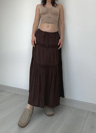 Юбка 40 42 l xl длинная миди средняя талия посадка на завязках хлопок коричневая бохо ярусная легкая летняя винтаж bhs