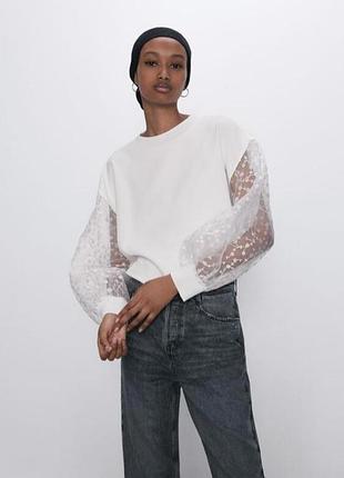Шикарная белая блуза от zara с шифоновыми рукавами в цветочек 44-46