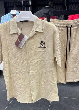Костюм мужской муслиновый летний loro piana! рубашка + шорты! костюм муслиновый мужественный на лето! костюм хлопок 100%! размеры s-xxl