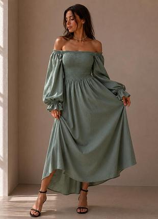 Розкішне лляне плаття з довгими пишними рукавами, розміри s, m, l, xl m