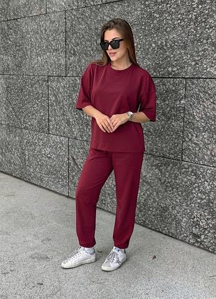 Женский костюм двунитка футболка и штаны прогулочный бордовый xs-s