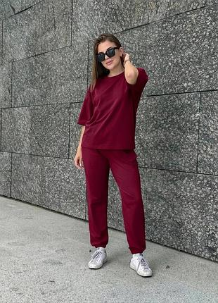 Жіночий костюм двонитка футболка та штани прогулянковий бордовий xl-xxl