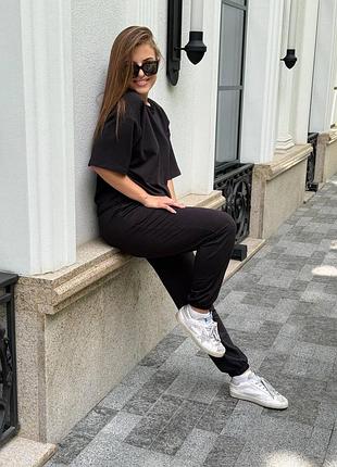 Женский костюм двунитка футболка и штаны прогулочный черный xl-xxl