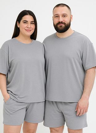 Костюм шорты + футболка relax - унисекс plus size - светло-серый