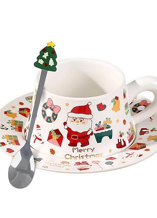 Різдвяна чашка "merry christmass" санта-клаус jjx005 кухоль з блюдцем з ложечкою новорічна в подарунковому пакованні white