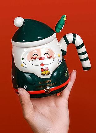 Різдвяна чашка "merry christmass" санта jjx001 кухоль у формі санти з ложечкою в подарунковому пакованні green