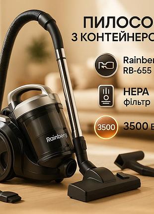 Циклонні пилососи rainberg rb-655 3500 w, пилосос контейнерний для дому, пилосос для квартири без мішка zp-75