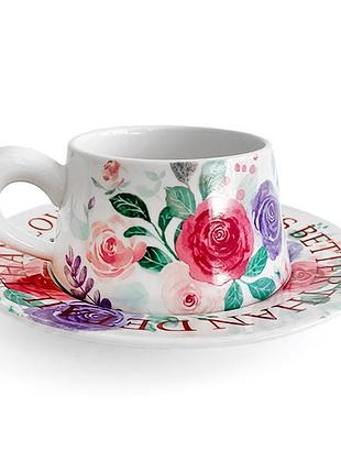 Сувенирный подарочный кофейный набор spring flowers чашка+блюдце+подарочная коробка керамический