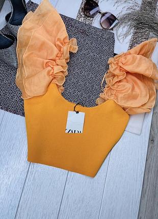 Нова літня блуза zara s m в’язана блуза з об’ємними рукавами крильцями помаранчева блуза зара