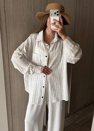 Сорочка oversized з льону біла в чорну смужку