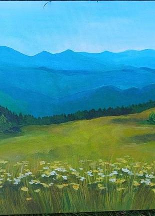Картина акрилом «гірський пейзаж з квітами» 40×50