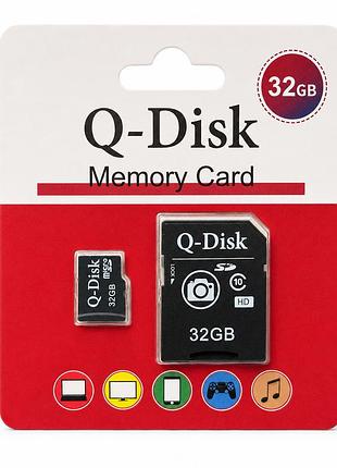 Карта пам'яті microsd 32gb з адаптером, флеш карта q-disk 32 гб для фото, відео та файлів
