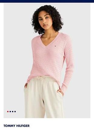 Джемпер Tommy hilfiger оригинал розовый косичка v-вырез pima cotton премиум пуловер