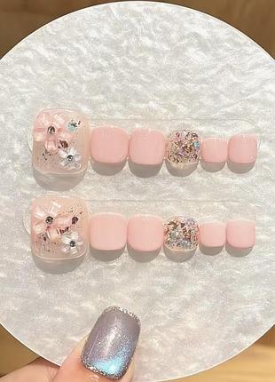 🌸 накладные ногти для ног (педикюр) | ручная работа 🌸  красивый набор многоразовых накладных ногтей для ног в нежно-розовом цвете