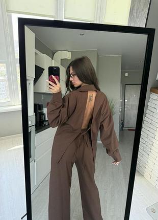 Льняной шоколадный костюм с открытой спинкой🦋