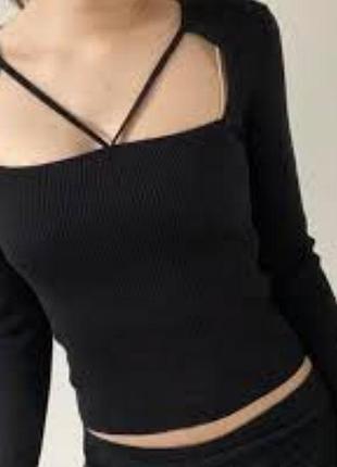 Женская черная лонгслив кофта zara квадратный вырез рубчик