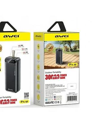 Зовнішній акумулятор power bank із швидкою зарядкою чорний awei pa12 30000mah pd22 5w
