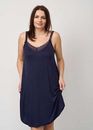 Вискозная ночная сорочка на тонких бретельках темно-синий, 3xl