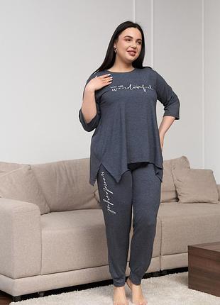 Вискозный женский комплект с штанами и футболкой темно-синий, 4xl