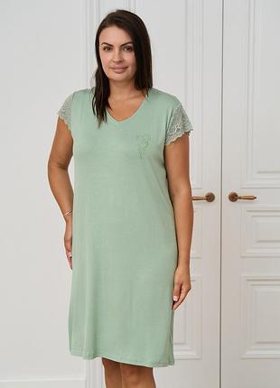 Вискозная сорочка с кружевом на рукавах, батал хаки, 2xl