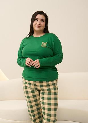 Піжама жіноча plus size зі штанами в карту — зелена 4xl