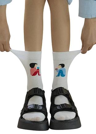 Носки женские, высокие разнопарные с рисунком, хлопковые 35-40р. белые