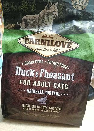 Carnilove cat duck &amp; pheasant hairball control, полнорационный беззерновой корм класса холистик для взрослых котов карнилав шерстяной с фазаном