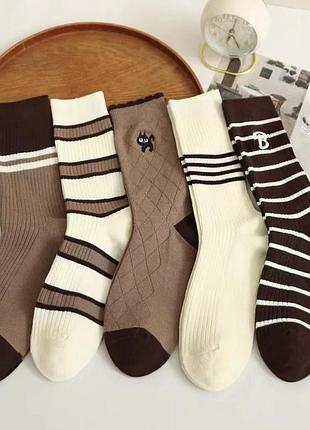 Носки женские, высокие с рисунками, хлопковые, 35-40р. набор 5 шт, бело-коричневые