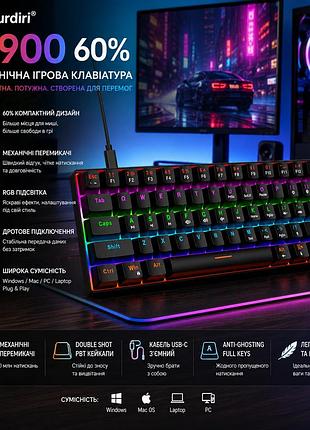 Игровая механическая клавиатура snpurdiri 60% v900 black rgb подсветка 61 клавиша проводная type-c для геймеров и работы