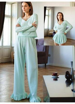 Женский пижамный костюм-тройка из трикотажа кофта шорты штаны мятный, s/m