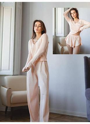 Женский пижамный костюм-тройка из трикотажа кофта шорты штаны персиковый, l/xl