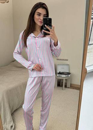 Женский сатиновый костюм для дома с рубашкой и брюками xl-xxl, голубовато-розовый