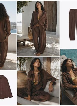 Трендовый летний шоколадный костюм zara из легкого 100% хлопка. рубашка и брюки-аладины.