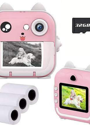 Детский фотоаппарат мгновенной печати с функцией видеосъемки print camera. цвет: розовый