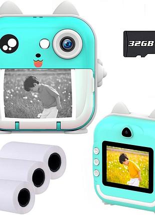 Детский фотоаппарат мгновенной печати с функцией видеосъемки print camera. цвет: бирюзовый