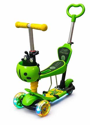 Самокат детский трехколесный 5 в 1 best scooter с родительской ручкой и сиденьем — зеленый