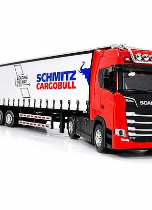 Машинка фура трейлер scania красная 31 см — металл, свет, звук, инерция