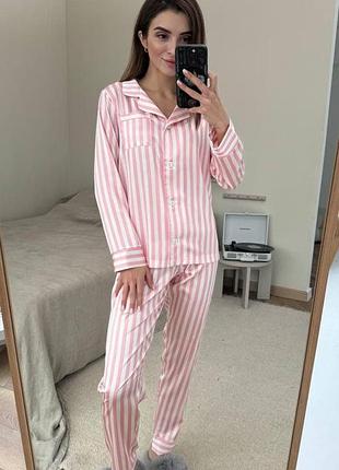Женский сатиновый костюм для дома с рубашкой и брюками xl-xxl, розовый 2