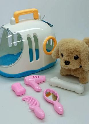 Интерактивная игрушка limo toys собачка мой маленький любимец бежевая с переноской 15 см, 051-1b