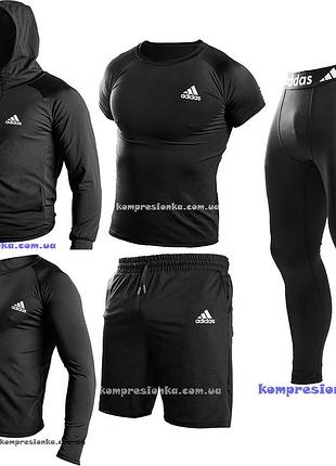 Спортивная мужская одежда adidas 2026 5в1: рашгард, шорты, футболка, леггинсы и худи