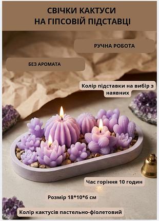 Свічки парафінові кактуси набір свічок декоративних "сукуленти" ніжно фіолетовий на овальній гіпсовій підставці