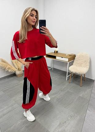 Женский костюм футболка и брюки oversize двухнить червоний