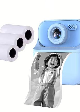 Детский фотоаппарат мгновенной печати с фронтальной камерой print camera. цвет: синий