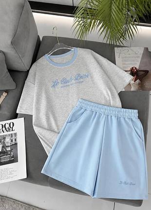 Женский костюм oversize футболка и шорты двунить меланж + блакитний