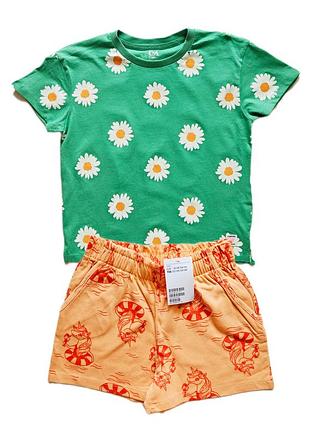 Летний костюм для девочки 128см, нижочка+h&amp;m, 7-8роков, яркий стильный комплект для девочки, футболка+шорты детские, хлопок