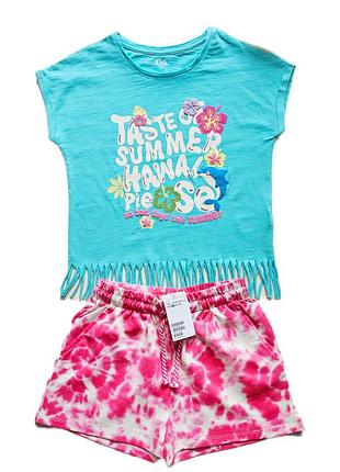 Летний костюм для девочки 128см, нижочка+h&amp;m, 7-8роков, яркий стильный комплект для девочки, футболка+шорты детские, хлопок