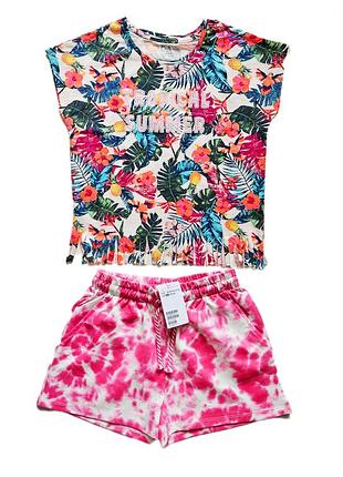 Літній костюм для дівчинки 128см, німеччина+h&m, 7-8років, яскравий стильний комплект для дівчинки, футболка+шорти дитячі, бавовна