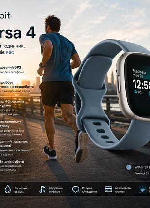 Смарт-часы fitbit versa 4 waterfall blue/platinum: gps, 40+ режимов тренировок, мониторинг стресса и сна, nfc