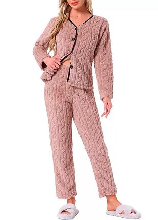 Комплект женской пижамы lesko 5312 light pink l рубашка с длинным рукавом и штанами теплая