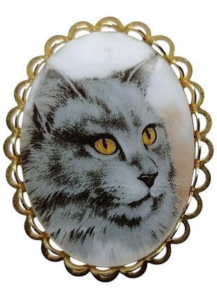 Вінтажна брошка gray cat, порцеляна